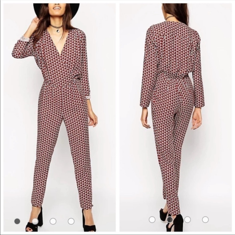 NEW NWT ASOS Retrotile Print long Sleeve Jumpsuit Lightweight Surplice V-neck 8